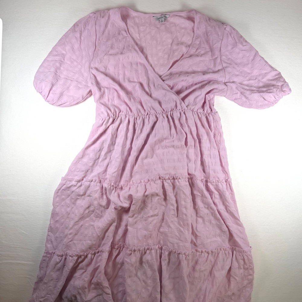 Pink Textured Tiered Midi Dress XL Short Puff Sleeve Wrap V-Neck Boho